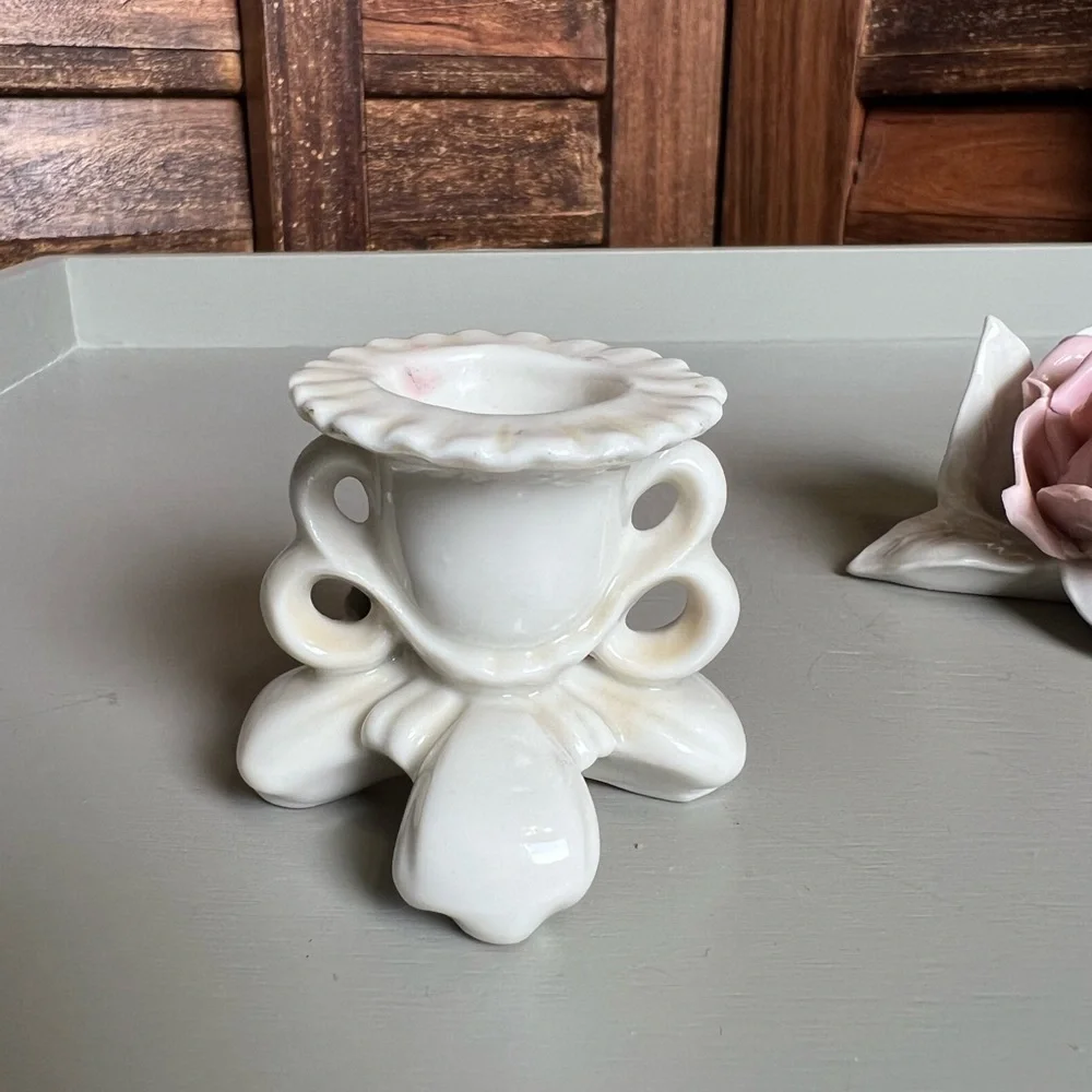 💘2 porcelain Rose table candlesticks & BONUS! See last photo. Vintage European!